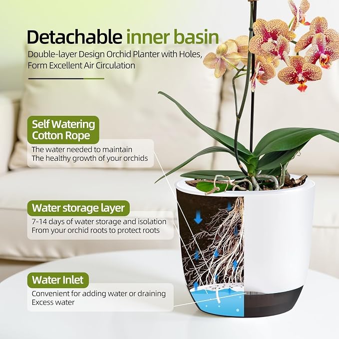 7.2Inch White Orchid Pots with Holes for Repotting, Double-Layer Plastic Self Watering Flower Pots for Indoor Plants with Drainage Holes, Clear Orchid Pot Match Decorative Orchid Container, 5 Packs