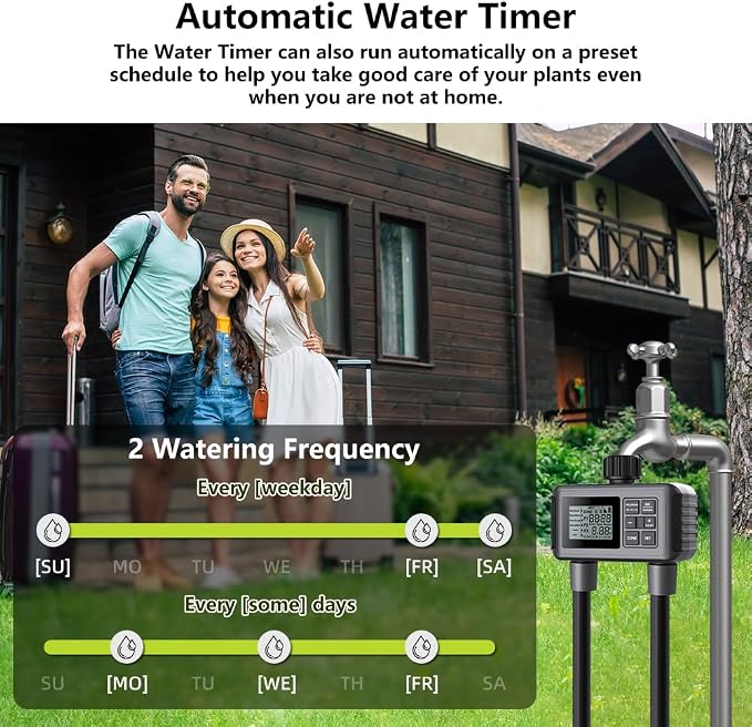 Uzoli 2-Zone Sprinkler Timer for Garden Hose, Programmable Water Timer with Automatic & Manual Mode, Rain Delay, IP55 Waterproof for Yard, Lawn, Pool