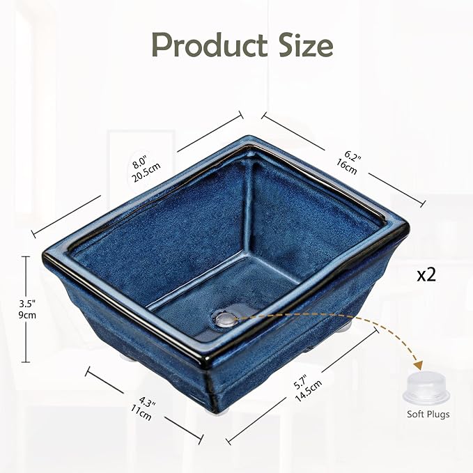 Blue Glazed Ceramic Bonsai Tree Pots with Drainage Hole, Set of 2 Rectangular Bonsai Pots Planters for Indoor & Outdoor Use, 8 Inch Shallow Bonzie Tree Pot for Succulents, Cacti, Orchids, Herbs