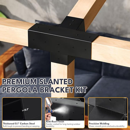 15° Slanted Pergola Bracket Kit, 4-Way Roof Wall Mount Pergola Set with Post Base for 4"x4" Posts for Gazebos, Patio Pergolas(Set of 3)