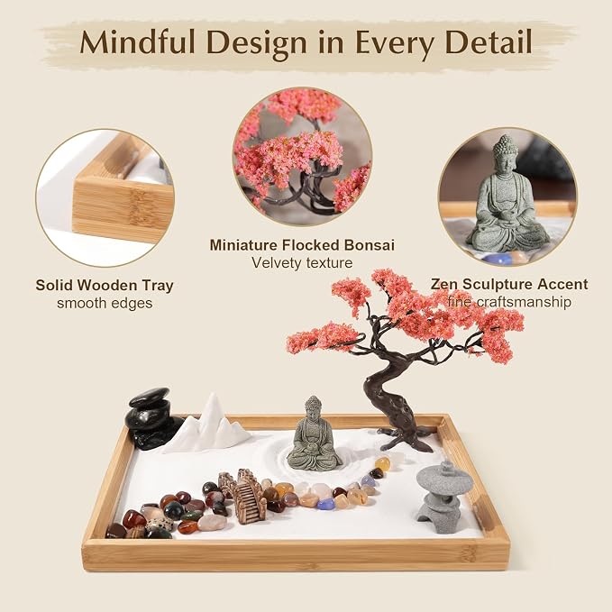 Mini Zen Garden for Desk Bodhi Tree and Buddha | Desktop Sand Tray Japanese Zen Garden Kit for Therapy Office Decor, Home Decor, Meditation Gifts