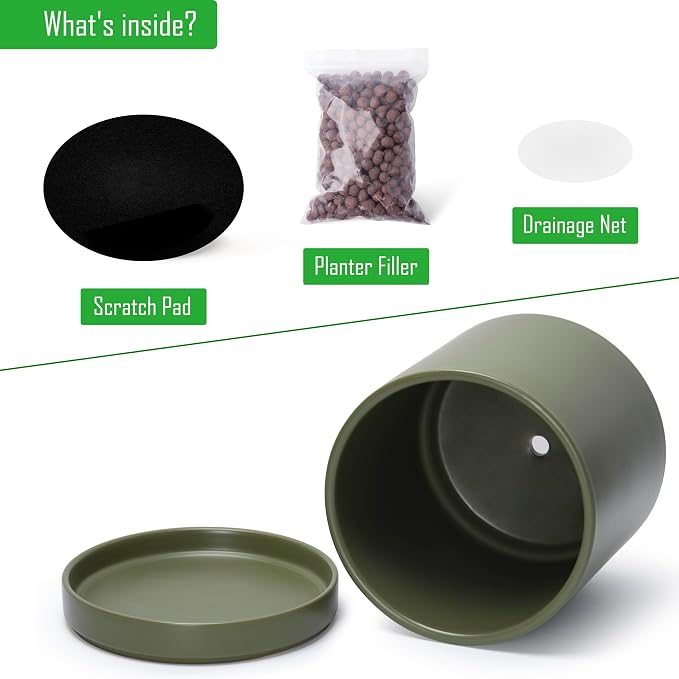D'vine Dev 12 Inch Ceramic Planter Pot, Olive, 94-O-F-J | Modern Cylinder Design, Drainage Hole & Saucer Included, Stable Structure, Elegant Home Accent