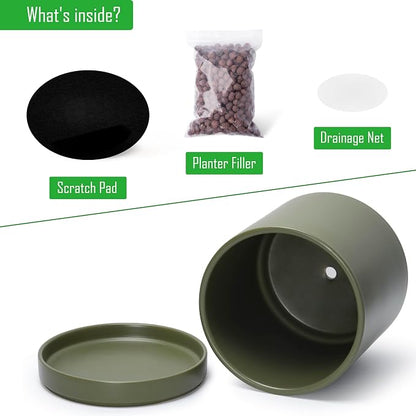 D'vine Dev 12 Inch Ceramic Planter Pot, Olive, 94-O-F-J | Modern Cylinder Design, Drainage Hole & Saucer Included, Stable Structure, Elegant Home Accent