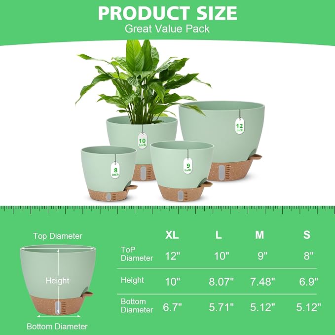Self Watering Planter for Indoor Plants, 12" 10" 9" 8" Plastic Large Flower Pot Set with Water Level Indicator Deep Reservoir Saucer, Big House Bottom Watering Plant Pots with Drainage Hole - Green