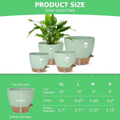 Self Watering Planter for Indoor Plants, 12" 10" 9" 8" Plastic Large Flower Pot Set with Water Level Indicator Deep Reservoir Saucer, Big House Bottom Watering Plant Pots with Drainage Hole - Green