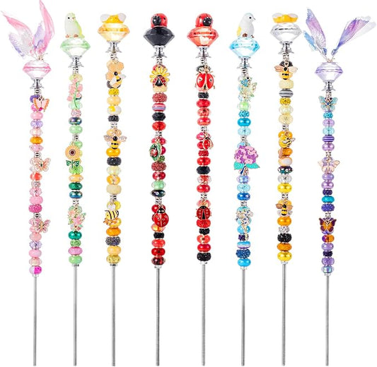 264Pcs Beaded Garden Stakes with Cute Animal- Bee, Ladybug, Bird & Butterfly Fairy Wand Kit,12in Threaded Rods for Spring Garden Outdoor&Indoor Decorations