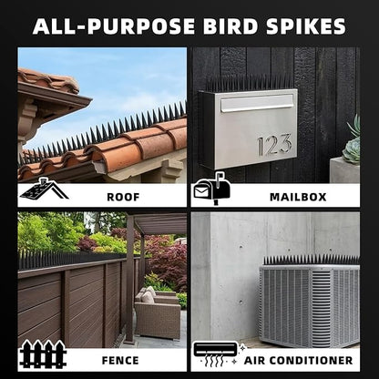Bird Spikes, 24 Pack, 33.5 FT Total Coverage, Outdoor Bird Deterrent for Pigeons and Small Birds, Helps Keep Cats and Squirrels Away, Plastic Spikes for Fences, Railings and Roofs, Black