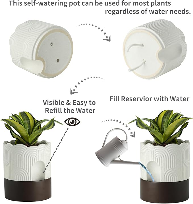 Nihow Self Watering Plant Pot Set: 6 Inch & 8 Inch Ceramic Planter with Drainage Hole & Water Storage Plus - Relief Design Self Watering Pot for Indoor Plants - Beige & Brown Flower Pot -Set of 2 | Visible Water Level Fill Port,Planter with Cotton Wick...