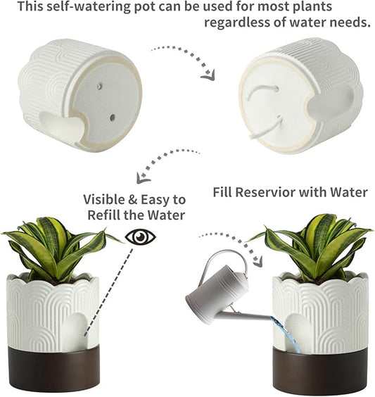Nihow Self Watering Plant Pot Set: 6 Inch & 8 Inch Ceramic Planter with Drainage Hole & Water Storage Plus - Relief Design Self Watering Pot for Indoor Plants - Beige & Brown Flower Pot -Set of 2 | Visible Water Level Fill Port,Planter with Cotton Wick...