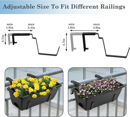 OYEAL Railing Planter Box Black Hanging Window Boxes Planter with Adjustable Brackets, Outdoor Set of 2 Deck Rail Planters with 6 Detachable Plastic Flower Pots for Garden Fence, Patio, Windowsill