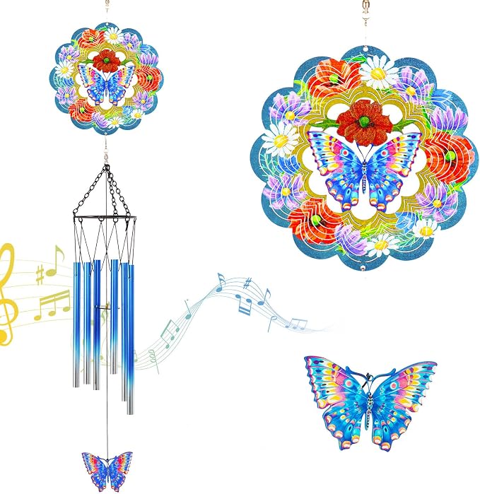 Butterfly Wind Chimes for Outside, 3D Wind Chimes with Wind Spinner, Outdoors Hanging Decor for Garden, Patio and Balcony, Gifts for Men, Women, Mom, Lovers