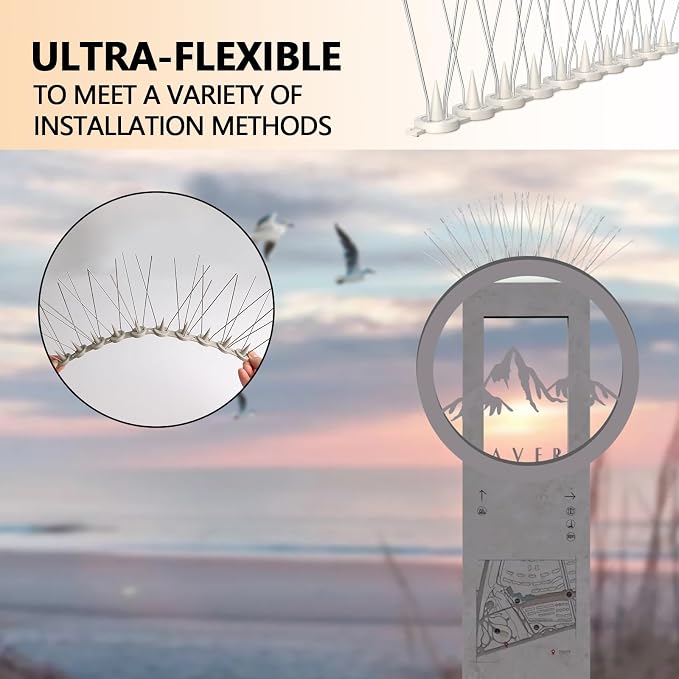 Bird Spikes, 16 Packs Pigeon Deterrent, Stainless Steel Bird Spikes Deterrent for Outside, Spikes Coverage 16 Feet, for Patio, Balcony and Garden Fence