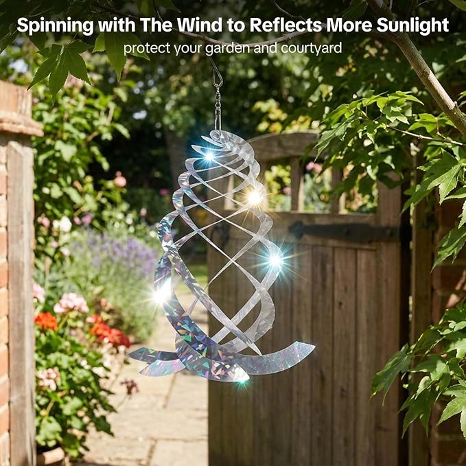 OFFO Bird Reflectors, 9.8 inch Double-Sided Reflective Bird Scare Devices with Stainless Steel Hook, Spiral Reflectors Outdoor Garden Decor for Tree Patio Farm Orchard Porch Pool Window, 4 PCS