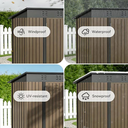 COMHOMA Shed Outdoor Storage Shed Metal,Lockable Doors Tool Sheds with Sloping Roof,Steel Garden Shed with Air Vent for Backyard,Patio,Lawn,Poolside(Brown,5'*3')