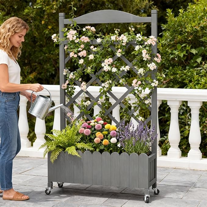 COMHOMA Planter Box with Trellis and Wheels, 48In Elevated Raised Garden Bed, Drainage Holes, Outdoor Lattice for Climbing Flowers, Vegetables, Patio Balcony, Gray