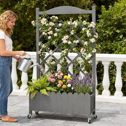 COMHOMA Planter Box with Trellis and Wheels, 48In Elevated Raised Garden Bed, Drainage Holes, Outdoor Lattice for Climbing Flowers, Vegetables, Patio Balcony, Gray