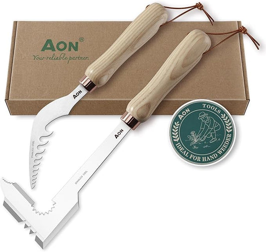 AON 2-Pack Crack Weeder & Root Remover Tool Set for Patios and Gardens | Heat-Treated, Rust-Resistant Steel Resists Bending and Breaking, Ergonomic Ash Wood Handles Offer a Comfortable Grip