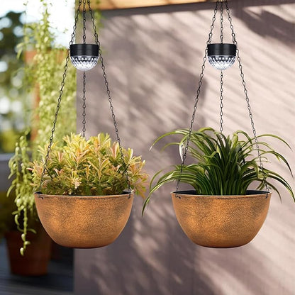 BAYN 2 Packs Solar Hanging Basket Planters for Plants Outdoor | Self Watering, Bronze Flower Pots with Solar Light , Hanging Planters with Drainer for Balcony Patio Garden Decoration