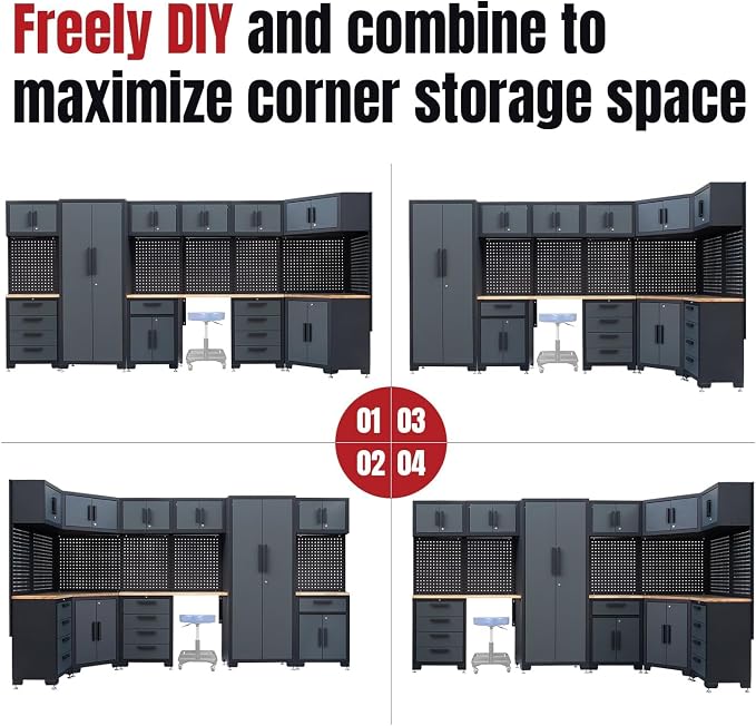 15PCS Corner Garage Storage Cabinet System, Heavy Duty Workshop Set, Corner Cabinet Includes Workbench, Pegboard & Lockable Drawers Metal Tool Organization System for Garage Workshop
