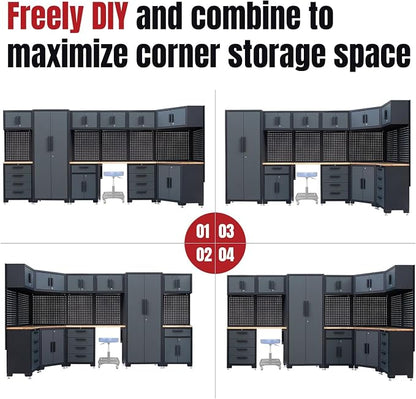 15PCS Corner Garage Storage Cabinet System, Heavy Duty Workshop Set, Corner Cabinet Includes Workbench, Pegboard & Lockable Drawers Metal Tool Organization System for Garage Workshop