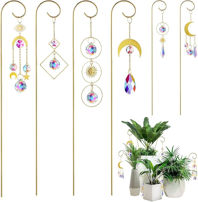 6Pack Small Trellis for Potted Plant Indoor with Crystal Prisms Sun Catcher | 13.5'' Metal Plant Stake Suncatchers for Mini Potted Plant Decoration for Home Window Garden,Gift For Plant Lovers