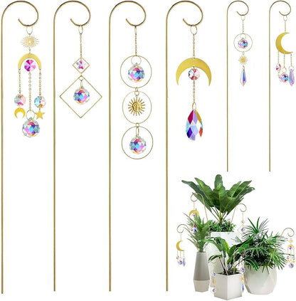 6Pack Small Trellis for Potted Plant Indoor with Crystal Prisms Sun Catcher | 13.5'' Metal Plant Stake Suncatchers for Mini Potted Plant Decoration for Home Window Garden,Gift For Plant Lovers