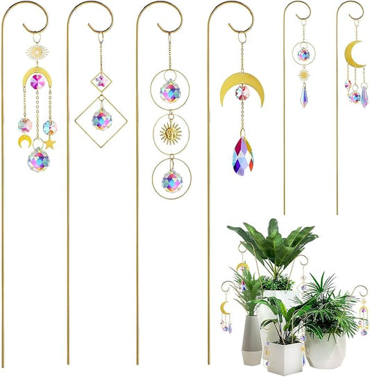 6Pack Small Trellis for Potted Plant Indoor with Crystal Prisms Sun Catcher | 13.5'' Metal Plant Stake Suncatchers for Mini Potted Plant Decoration for Home Window Garden,Gift For Plant Lovers