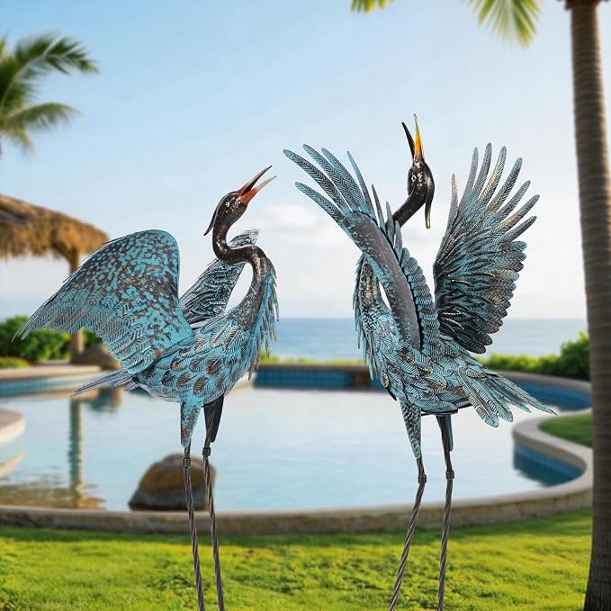 Natelf Garden Crane Sculptures & Statues, Blue Heron Decor Outdoor Large Bird Yard Art, Standing Metal Herons Lawn Ornaments for Home Patio Porch Backyard Decorations(Set of 2)