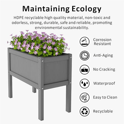 Raised Garden Bed with Drainage Hole Waterproof Small HDPE Elevated Planter Box with Legs Stable and Durable to Plant Herb Vegetable Flower,Patio,Balcony Outdoors/Indoors Gray