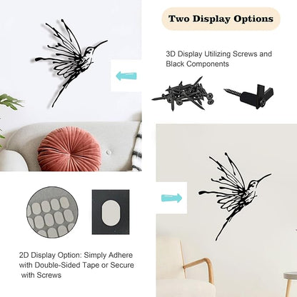 LIYAOLI 3D Metal Hummingbird Wall Art - Unique Black Outdoor Garden Decor, Waterproof Bird Sculpture for Patio, Living Room, Bedroom & Bathroom(12.3"x16.5")