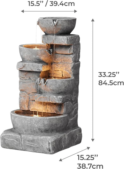 Teamson Home 33" Outdoor Water Fountain with LED Lights | 3-Tier Cascading Bowls, Weather-Resistant Resin, Garden Water Feature, Stone Gray