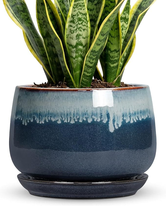 Ceramic Plant Pots - 9 Inch Ceramic Planter with Drainage Hole and Saucer, Decorative Pots for Indoor Plants, Round Planter, Room Office Porch Decor, Plant Gifts for Women, Retro Blue