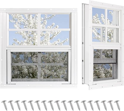 Shed Windows 2 Pack, Chicken Coop Windows 36" x 36" White | Flush Mounted Small Windows with Tempered Glass and Fiberglass Screen for Shed, Barns, Playhouse, Household, Garage