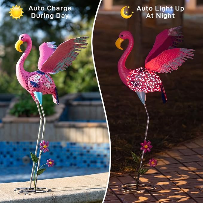 42" Metal Flamingo Outdoor Statues,Garden Sculptures with Solar Light, Pink Flamingo Lawn Ornaments & Outdoor Decor for Patio, Backyard, Garden