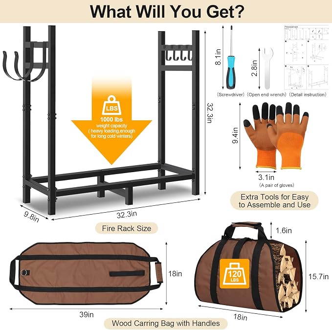 Firewood Rack Outdoor Indoor Holder with Log Carrier, Metal Heavy Duty Log Stand Stacker Holder with Kindling Hooks, Adjustable Stand Organizer Fire Wood Carrier Pads for Firewood Storage Fireplace
