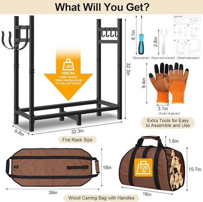 Firewood Rack Outdoor Indoor Holder with Log Carrier, Metal Heavy Duty Log Stand Stacker Holder with Kindling Hooks, Adjustable Stand Organizer Fire Wood Carrier Pads for Firewood Storage Fireplace
