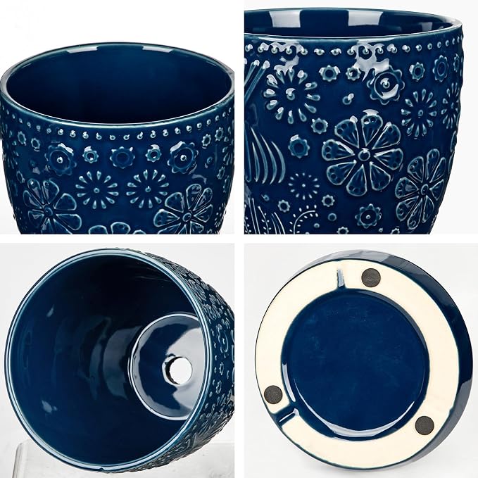 Hollyone 6 Inch Blue Ceramic Planter Flower Plant Pot with Drainage Hole and Saucer for Plants Embossed Indoor Outdoor Garden Embossed Ceramic Glazed Round Pot for Succulent Orchid Mixed Pattern