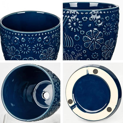 Hollyone 6 Inch Blue Ceramic Planter Flower Plant Pot with Drainage Hole and Saucer for Plants Embossed Indoor Outdoor Garden Embossed Ceramic Glazed Round Pot for Succulent Orchid Mixed Pattern