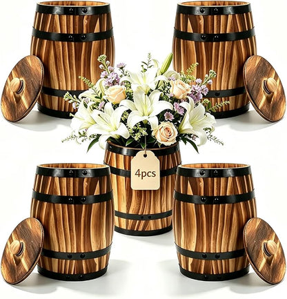 Sunmuliiiy4Pcs Wood Wine Barrel Vase 8" x 6.5" Rustic Wooden Flower Vase Rustic Barrel Barrel Planter for Wedding Reception Table Decoration Home Indoor Outdoor Garden, Kitchen, Party Table Decoration