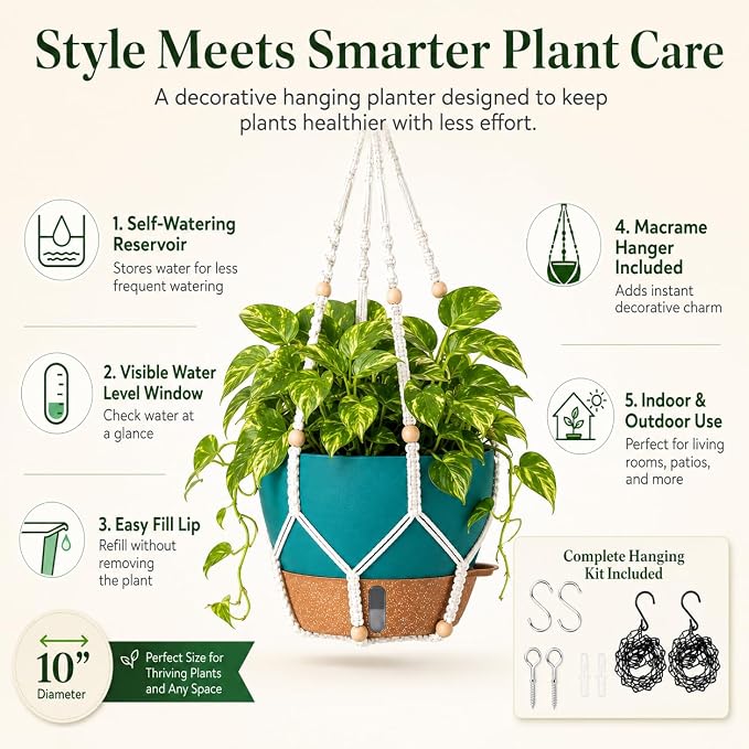 10 Inch Hanging Planters for Indoor Plants, 2 Pack Self Watering Hanging Baskets Flower Pots with Drainage Hole, Visual Reservoir & 2 Kinds of Plant Hanger for Home Decor (Deep Teal, 10 Inch)