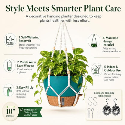 10 Inch Hanging Planters for Indoor Plants, 2 Pack Self Watering Hanging Baskets Flower Pots with Drainage Hole, Visual Reservoir & 2 Kinds of Plant Hanger for Home Decor (Deep Teal, 10 Inch)