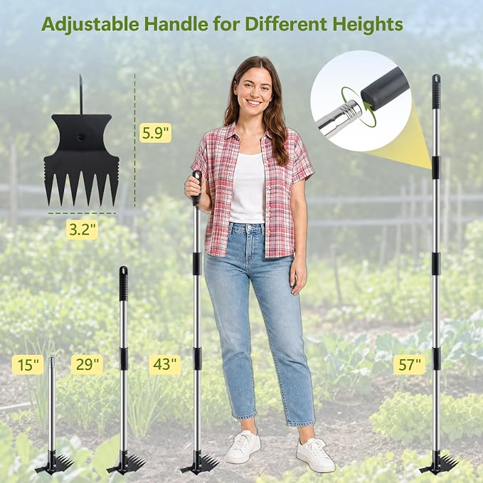 2 in 1 Crack Weeder and Weed Puller Tool with Long Handle - 57" Hand Weed Rake & Crevice Weeding Tool, Manual Weeding Remover Uprooting Garden Tools for Lawn, Yard, Patio and Paver, Sidewalk Cracks