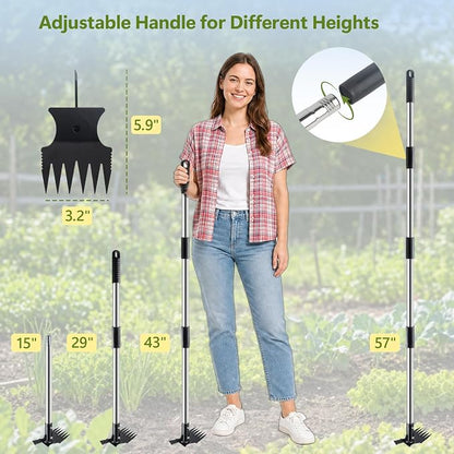2 in 1 Crack Weeder and Weed Puller Tool with Long Handle - 57" Hand Weed Rake & Crevice Weeding Tool, Manual Weeding Remover Uprooting Garden Tools for Lawn, Yard, Patio and Paver, Sidewalk Cracks