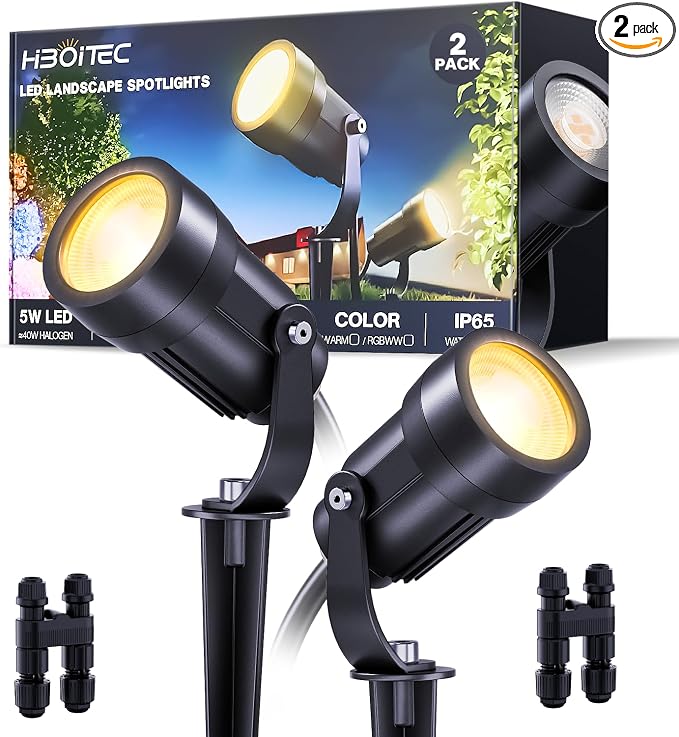 HIBOITEC LED Low Voltage Landscape Spotlights，IP65 Waterproof Outdoor Spot Lights for Yard, Plant, Lawn, Tree, Flags, House, Garden, Pathway, 2900K Warm White, 2 Pack