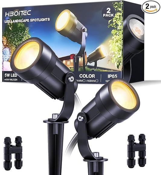 HIBOITEC LED Low Voltage Landscape Spotlights，IP65 Waterproof Outdoor Spot Lights for Yard, Plant, Lawn, Tree, Flags, House, Garden, Pathway, 2900K Warm White, 2 Pack