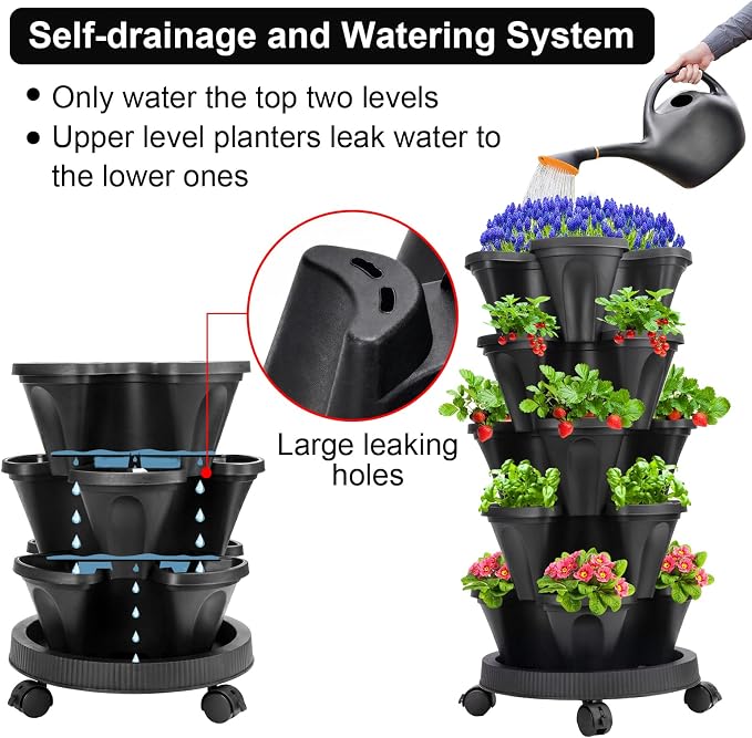 GameXcel Vertical Planter Tower - 5 Tier Stackable Garden Planters with Wheels and Tools Plant Pots for Strawberry Herb Flower and Vegetable Indoor Outdoor Use Black