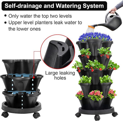 GameXcel Vertical Planter Tower - 5 Tier Stackable Garden Planters with Wheels and Tools Plant Pots for Strawberry Herb Flower and Vegetable Indoor Outdoor Use Black