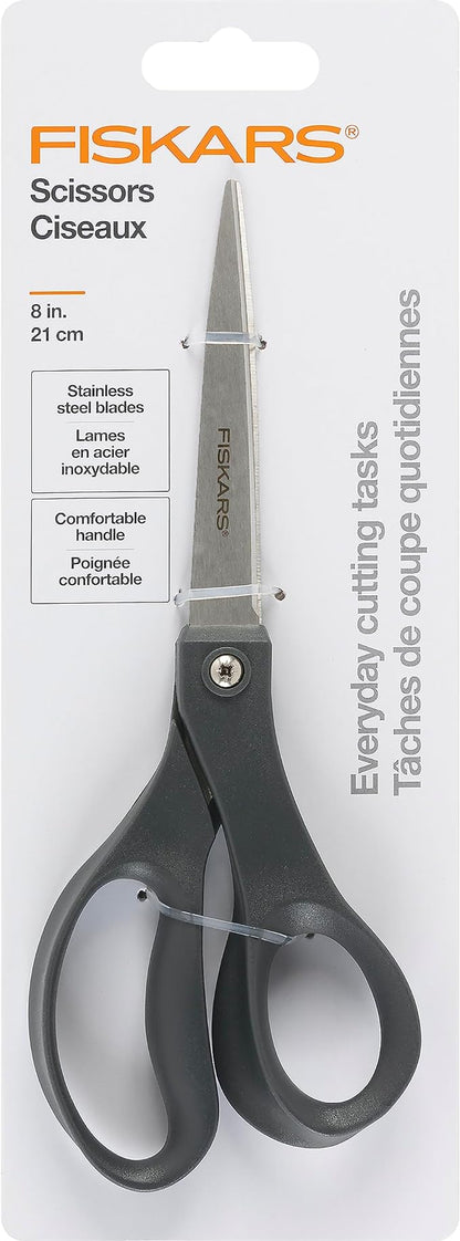 Fiskars 8” Everyday Stainless Steel Scissors (1-Pack) with Ergonomic Handles, Home & Office Scissors for Cutting Paper, Cardboard, Photos and More, Gray