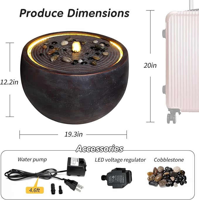 12.2" Outdoor Water Fountain, Modern Round Bowl Ripple Design, Outdoor Freestanding Water Fountain with LED Lights and Pump, Garden Water Feature, Polyresin Stone Finish, Pink Purple