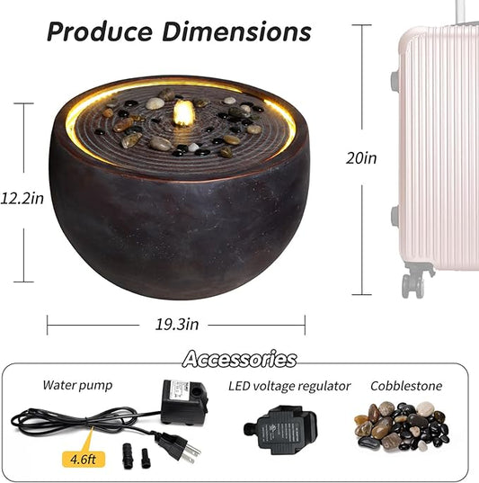 12.2" Outdoor Water Fountain, Modern Round Bowl Ripple Design, Outdoor Freestanding Water Fountain with LED Lights and Pump, Garden Water Feature, Polyresin Stone Finish, Pink Purple